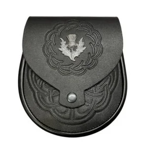 Celtic Embossed Black Leather Sporran with Thistle Emblem